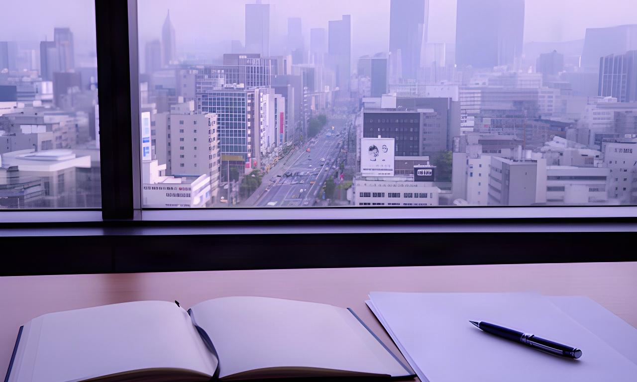 仙台の街並みを望む窓辺に置かれた投資ノートと長期資産形成の資料