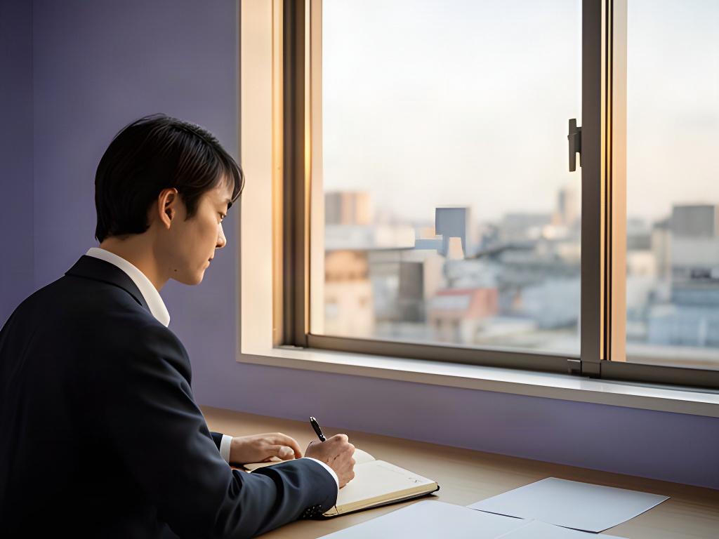 仙台の窓辺で長期投資の資料を確認する人とノート、落ち着いた朝の光